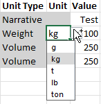 The Unit column drop-down menu is selected to display options.